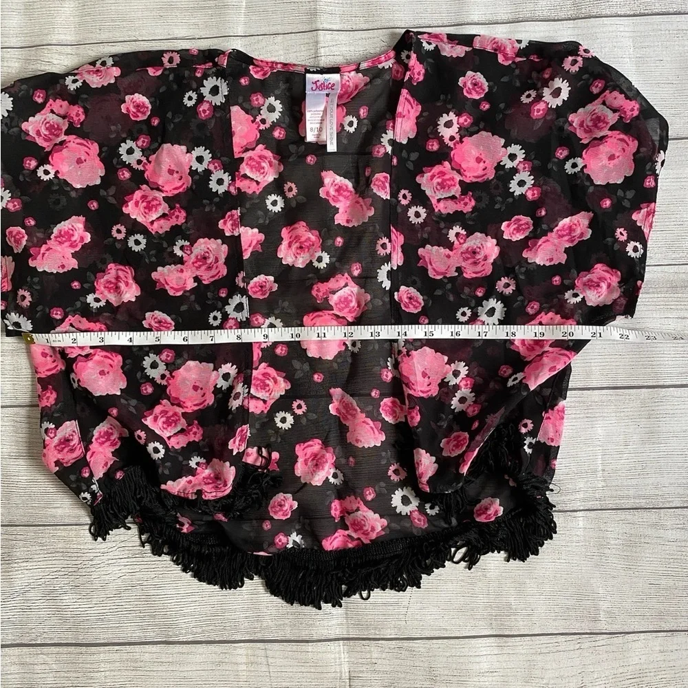 Justice Girls’ Black and Pink Floral Kimono Top with Black Fringe in Size 8/10
